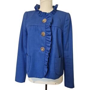J Crew Wool Coat Blazer Womens 2 Tall Blue Ruffle Trim Jacket Herringbone